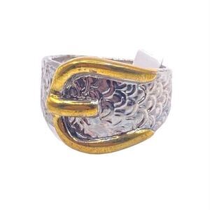 Trendy Gold and Silver Mixed Metal Two Tone Belt Buckle Textured Ring Size 9